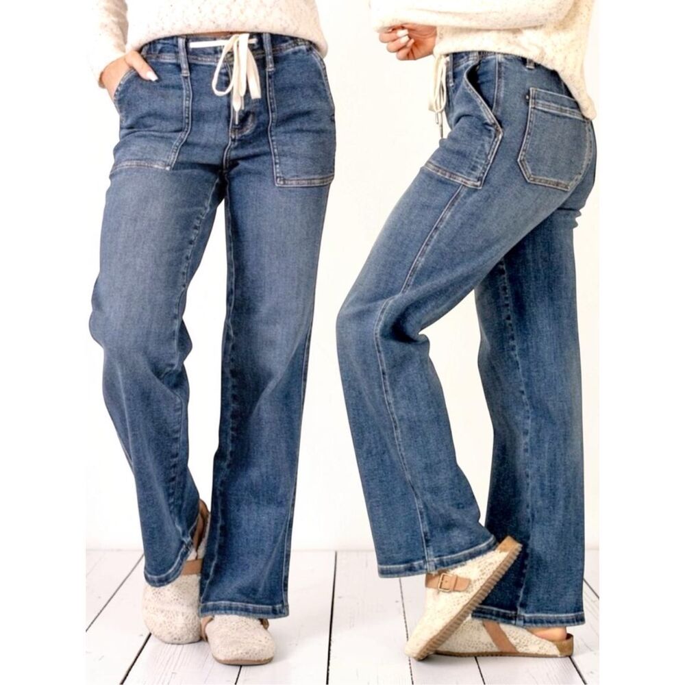 Judy Blue Drawstring Wide Leg Jeans High Rise Medium Wash Relaxed Fit NWT - Picture 2 of 16